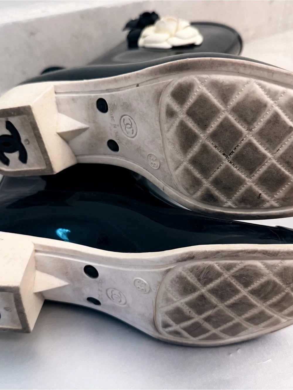 CHANEL Black Rain Boots with Black and White Camellia Details
